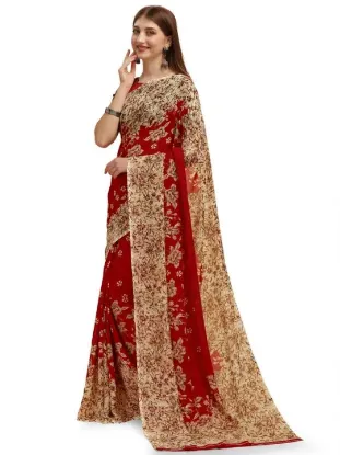 Picture of Floral Print Bollywood Georgette Saree (Red, Beige)