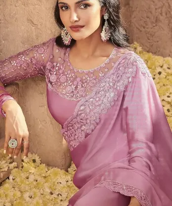 Picture of Women's Silk Embroidery Saree with Net Sequine work Blouse Piece