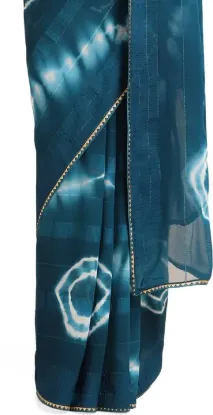 Picture of Printed, Dyed, Blocked Printed Bollywood Chiffon, Georgette Saree (Blue, White)